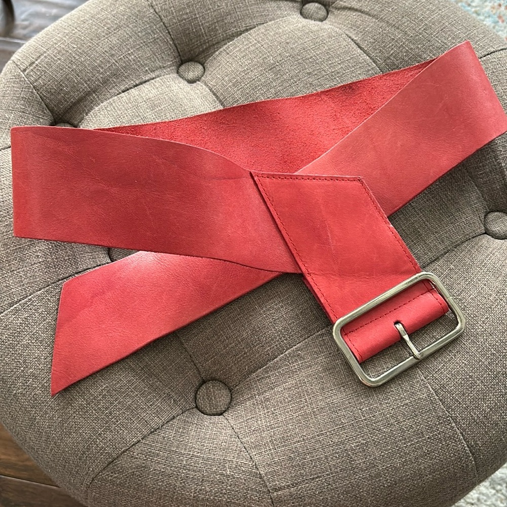 Red Leather Belt with Silver Buckle